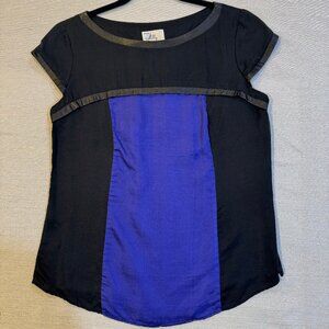 Milly, 100% silk, color block top, faux leather trim, black and blue, 4 USA made